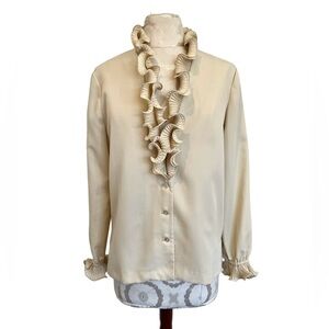 Vintage ruffled long sleeve blouse in light tan / creme color (Sm/Med)